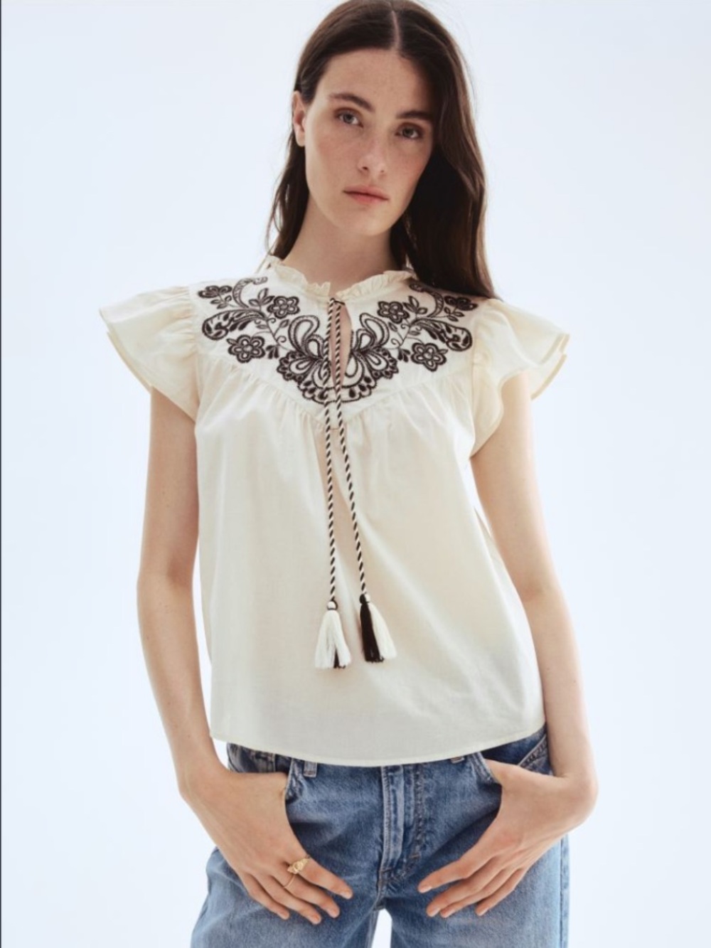 H&M Cream Blouse with Black Floral Embroidery